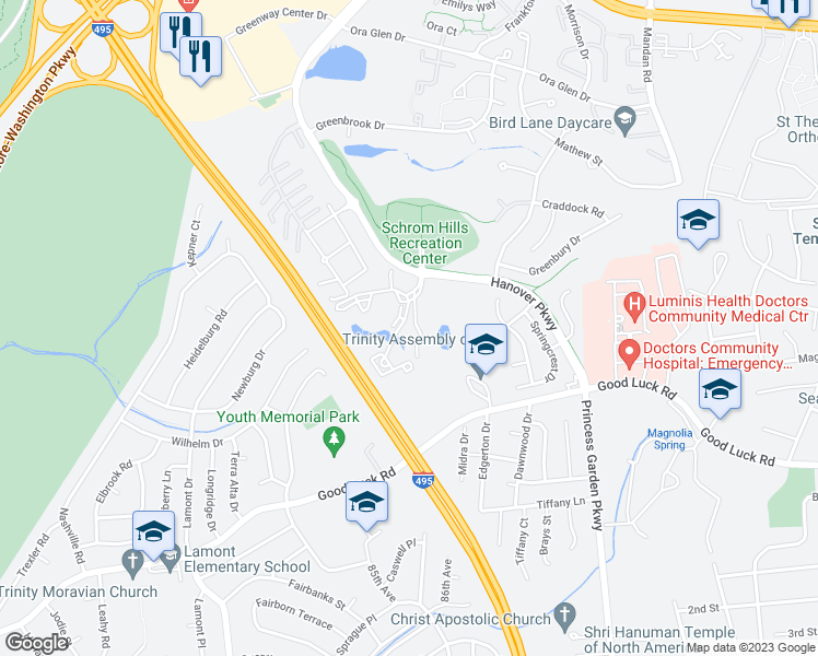 map of restaurants, bars, coffee shops, grocery stores, and more near 6728 Village Park Drive in Greenbelt