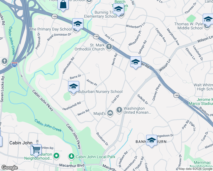 map of restaurants, bars, coffee shops, grocery stores, and more near 7201 Broxburn Drive in Bethesda