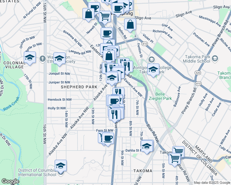 map of restaurants, bars, coffee shops, grocery stores, and more near Georgia Ave & Shepherd Rd NW in Washington