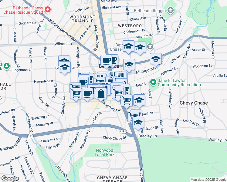 map of restaurants, bars, coffee shops, grocery stores, and more near 4710 Elm Street in Bethesda