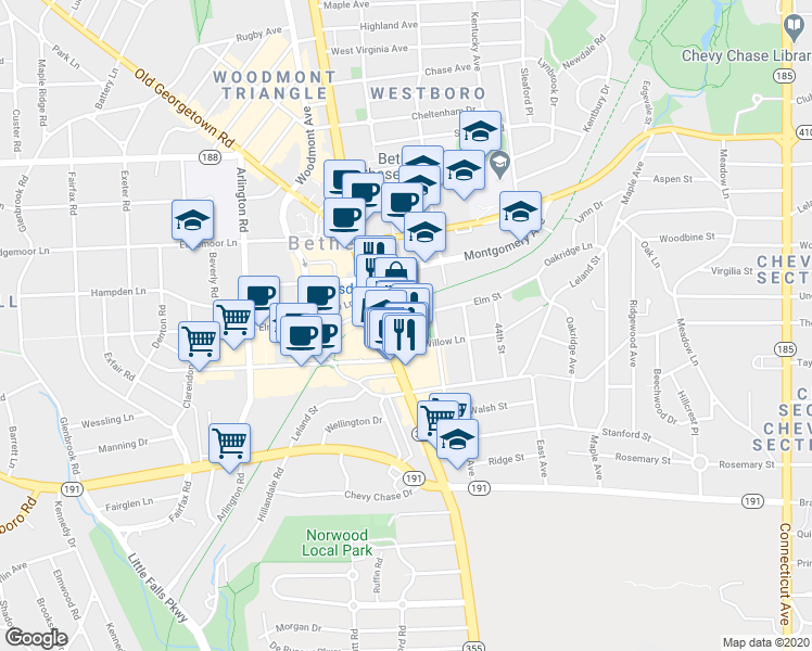 map of restaurants, bars, coffee shops, grocery stores, and more near 7222 47th Street in Bethesda