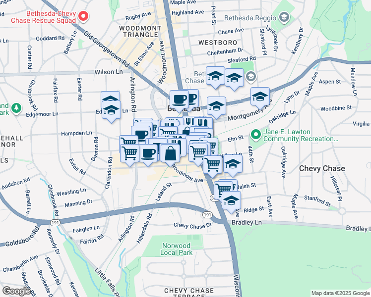 map of restaurants, bars, coffee shops, grocery stores, and more near 4710 Elm Street in Bethesda