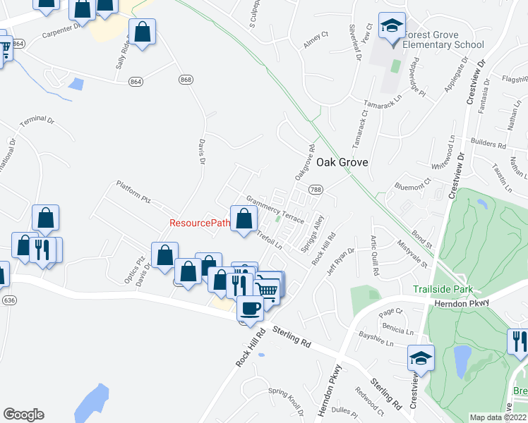 map of restaurants, bars, coffee shops, grocery stores, and more near 22915 Adelphi Terrace in Sterling