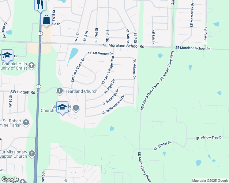 map of restaurants, bars, coffee shops, grocery stores, and more near 3710 Southeast Valley Forge Drive in Blue Springs