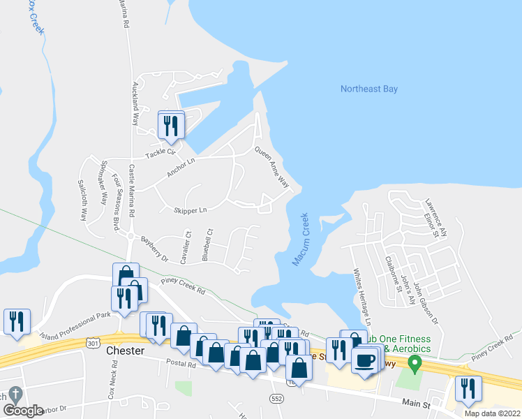map of restaurants, bars, coffee shops, grocery stores, and more near 53A Queen Caroline Court in Chester