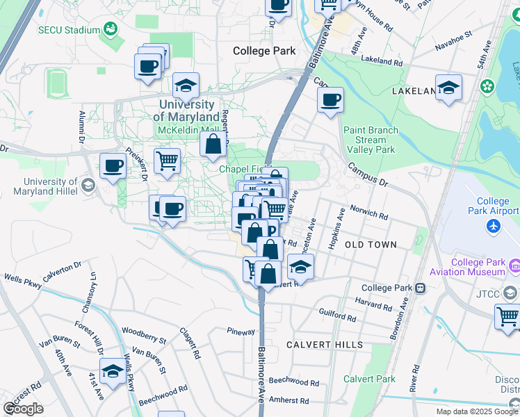 map of restaurants, bars, coffee shops, grocery stores, and more near 7490 Baltimore Avenue in College Park