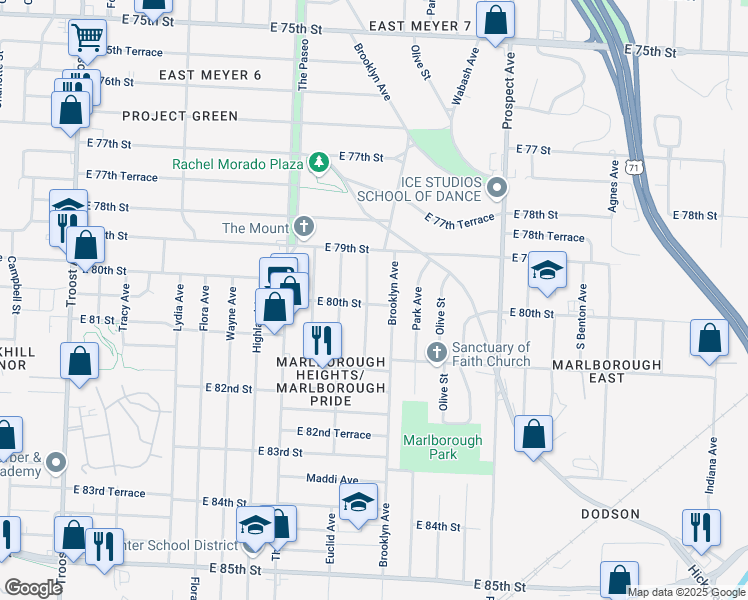map of restaurants, bars, coffee shops, grocery stores, and more near 7947 Garfield Avenue in Kansas City