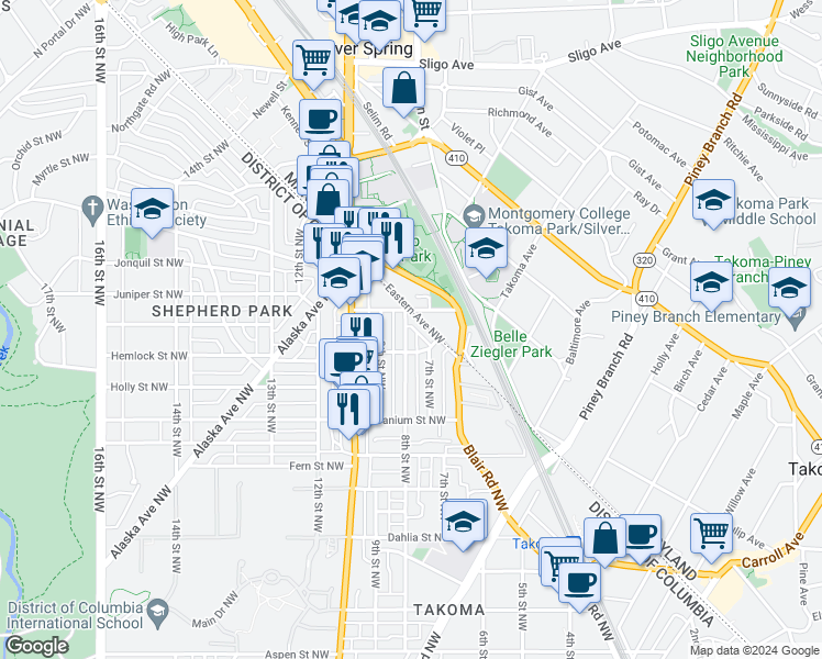 map of restaurants, bars, coffee shops, grocery stores, and more near 101 Independence Avenue Southeast in Washington