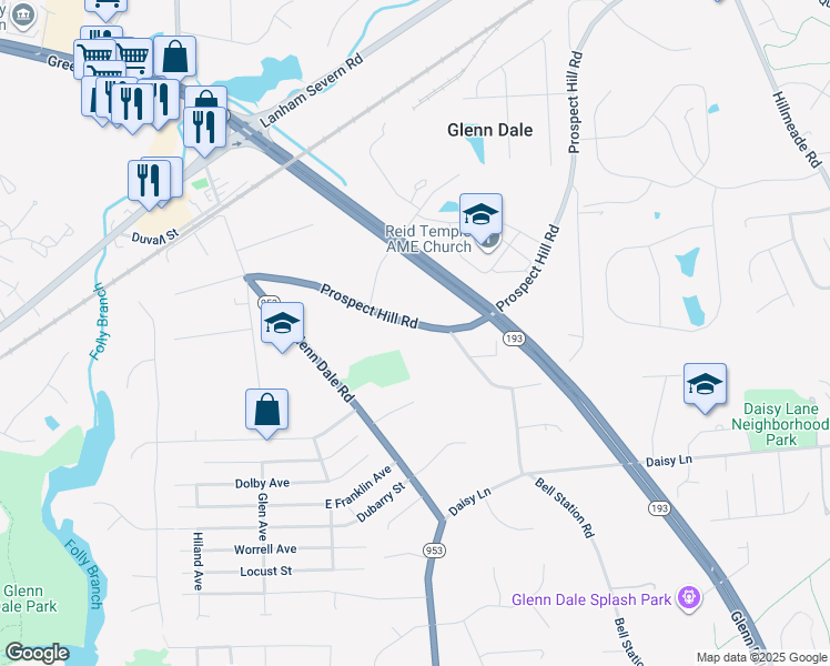 map of restaurants, bars, coffee shops, grocery stores, and more near 11201 Prospect Hill Road in Glenn Dale