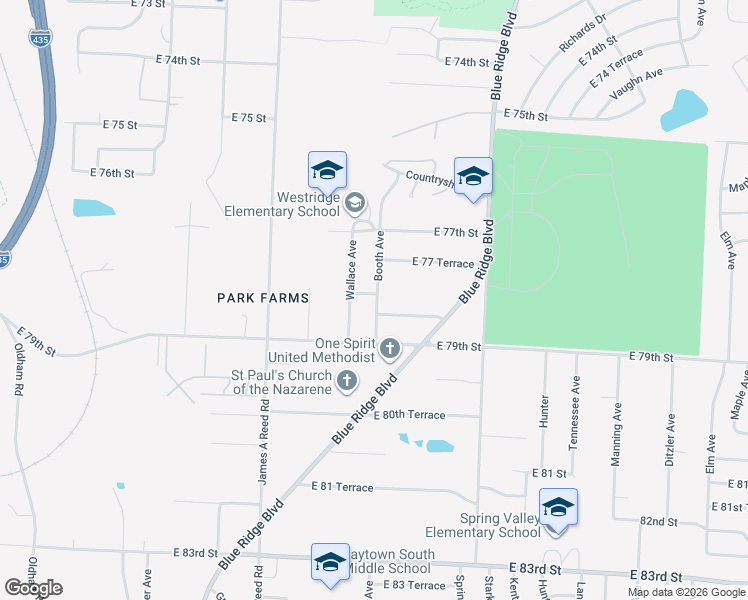 map of restaurants, bars, coffee shops, grocery stores, and more near 7800A Booth Avenue in Kansas City