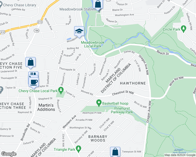 map of restaurants, bars, coffee shops, grocery stores, and more near 7206 Pinehurst Parkway in Chevy Chase