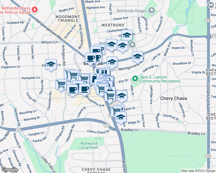 map of restaurants, bars, coffee shops, grocery stores, and more near 7222 47th Street in Bethesda