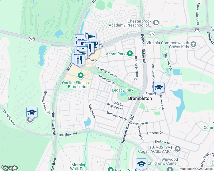 map of restaurants, bars, coffee shops, grocery stores, and more near 22950 Fanshaw Square in Ashburn