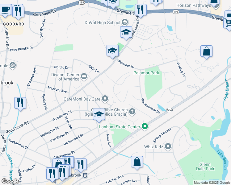map of restaurants, bars, coffee shops, grocery stores, and more near 9747 Good Luck Road in Lanham