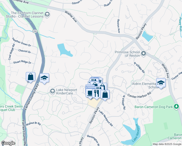 map of restaurants, bars, coffee shops, grocery stores, and more near 11712 Great Owl Cir in Reston
