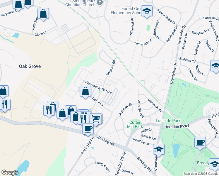 map of restaurants, bars, coffee shops, grocery stores, and more near 22160 Regent Terrace in Sterling