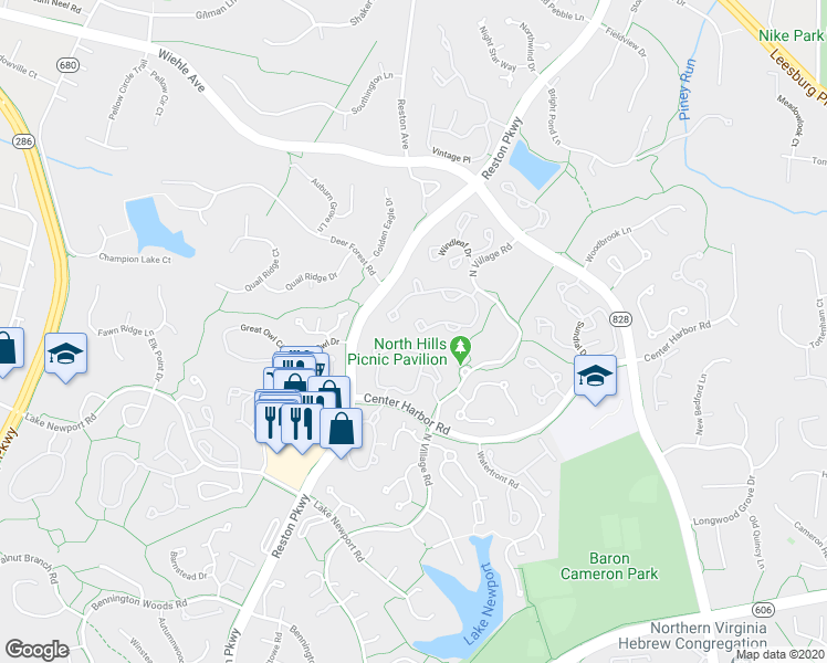 map of restaurants, bars, coffee shops, grocery stores, and more near 1306 Park Garden Lane in Reston