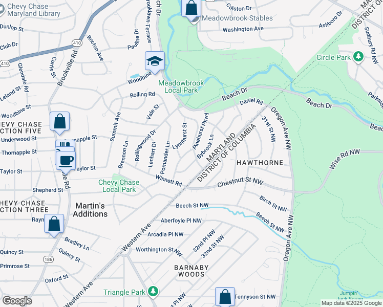 map of restaurants, bars, coffee shops, grocery stores, and more near 7206 Pinehurst Parkway in Chevy Chase