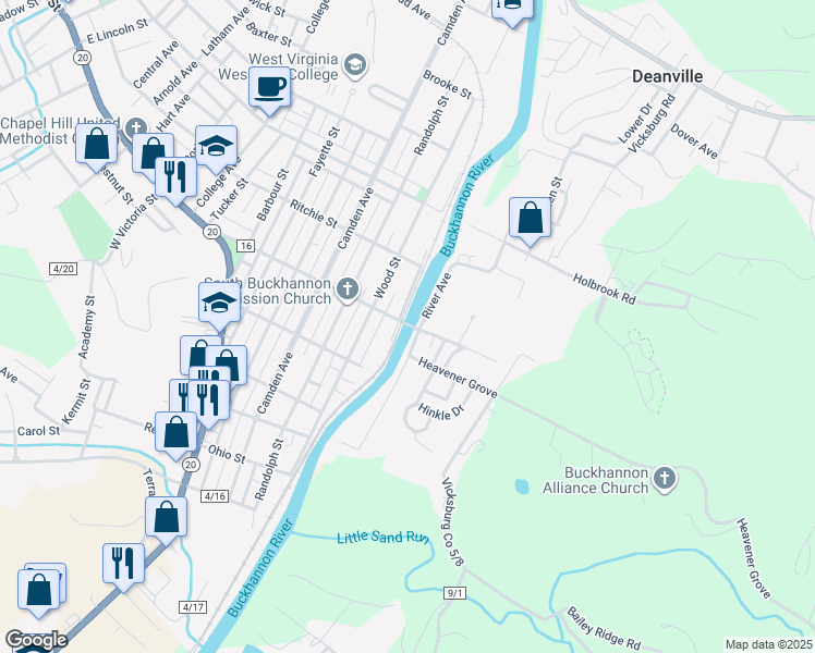 map of restaurants, bars, coffee shops, grocery stores, and more near 471 Marion Street in Buckhannon