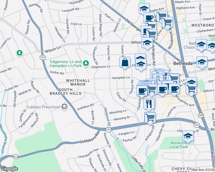 map of restaurants, bars, coffee shops, grocery stores, and more near 7204 Fairfax Road in Bethesda