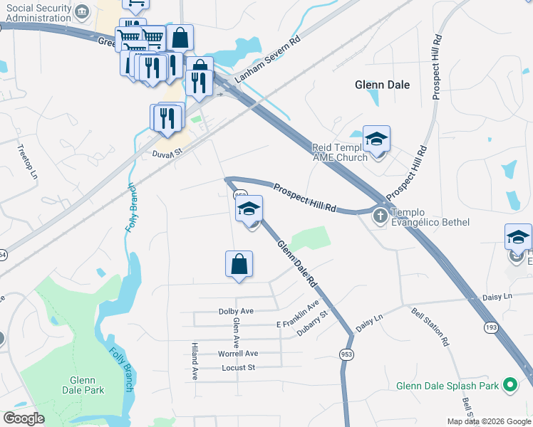 map of restaurants, bars, coffee shops, grocery stores, and more near 6717 Glenn Dale Rd in Glenn Dale