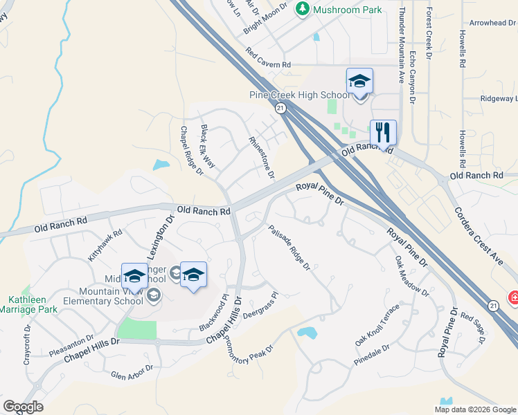 map of restaurants, bars, coffee shops, grocery stores, and more near 2905 Sovereign View in Colorado Springs