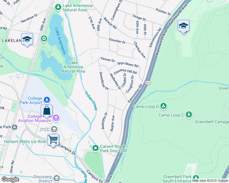 map of restaurants, bars, coffee shops, grocery stores, and more near 7404 Sweetbriar Drive in College Park