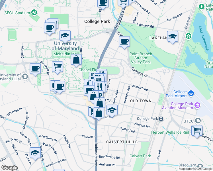 map of restaurants, bars, coffee shops, grocery stores, and more near 4530 College Avenue in College Park