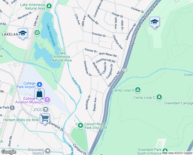 map of restaurants, bars, coffee shops, grocery stores, and more near 7404 Sweetbriar Drive in College Park
