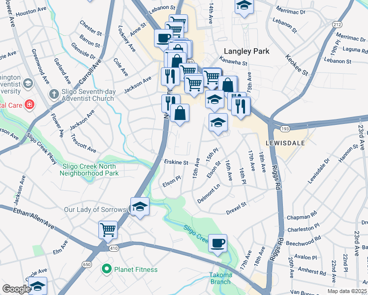 map of restaurants, bars, coffee shops, grocery stores, and more near 7333 New Hampshire Avenue in Takoma Park