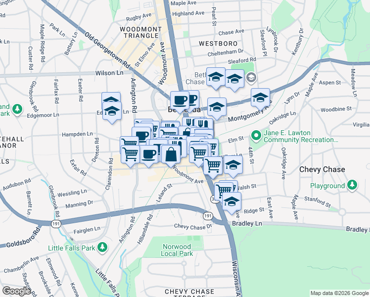 map of restaurants, bars, coffee shops, grocery stores, and more near 4710 Elm Street in Bethesda