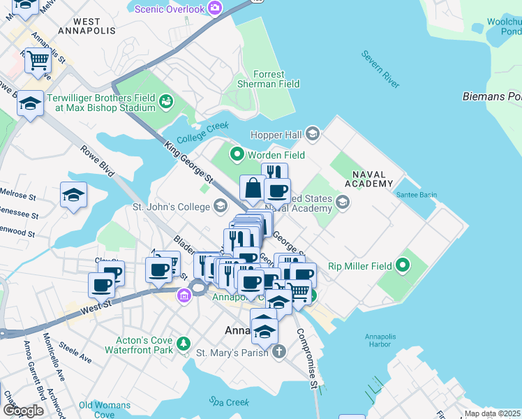 map of restaurants, bars, coffee shops, grocery stores, and more near 17 College Avenue in Annapolis
