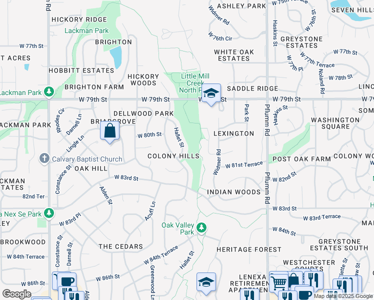 map of restaurants, bars, coffee shops, grocery stores, and more near 8025 Hallet Street in Lenexa