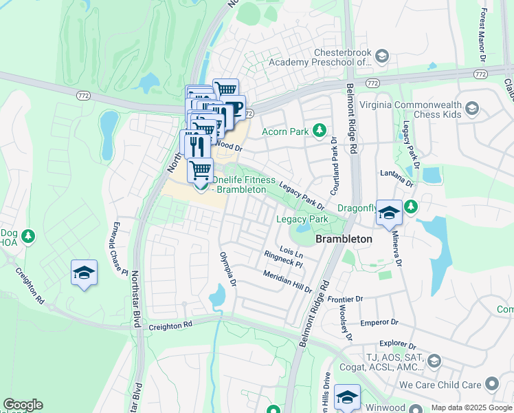 map of restaurants, bars, coffee shops, grocery stores, and more near 22953 Fanshaw Square in Ashburn