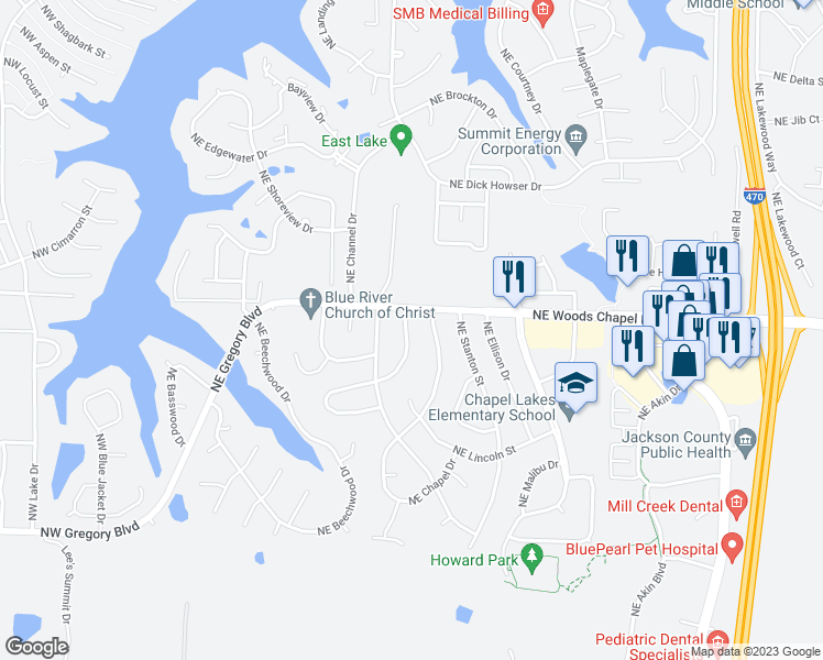 map of restaurants, bars, coffee shops, grocery stores, and more near 3825 Northeast Colonial Drive in Lee's Summit