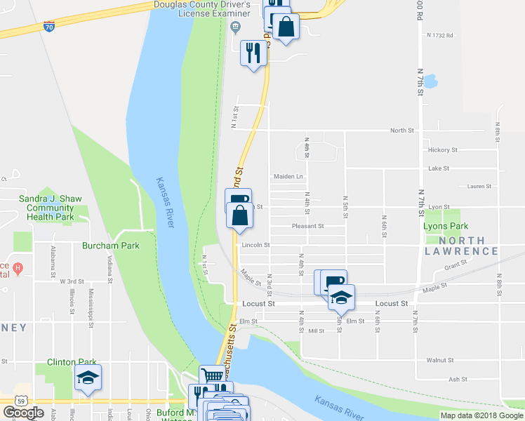 map of restaurants, bars, coffee shops, grocery stores, and more near 645 North 3rd Street in Lawrence