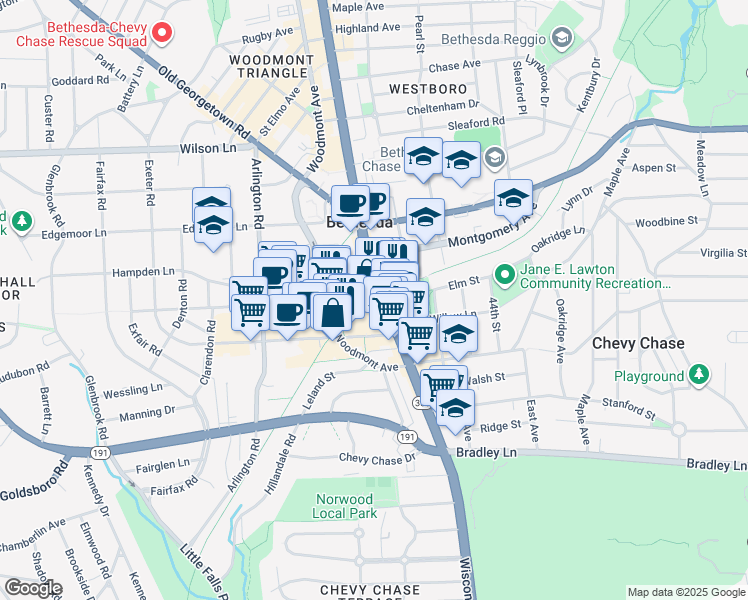 map of restaurants, bars, coffee shops, grocery stores, and more near 4710 Elm Street in Bethesda