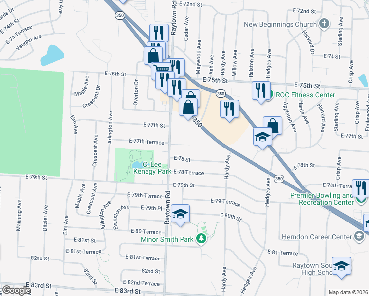 map of restaurants, bars, coffee shops, grocery stores, and more near 10002 East 78 Street in Raytown