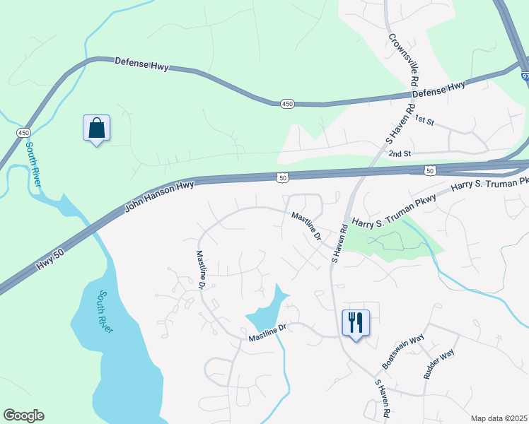 map of restaurants, bars, coffee shops, grocery stores, and more near 921 Mastline Drive in Annapolis