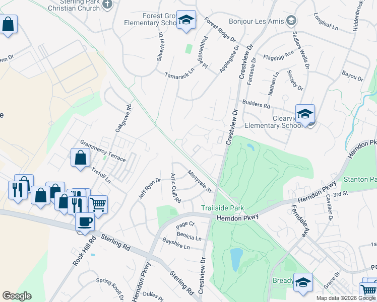map of restaurants, bars, coffee shops, grocery stores, and more near 1111 Shannon Place in Herndon