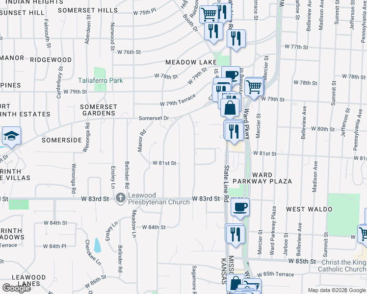 map of restaurants, bars, coffee shops, grocery stores, and more near 8016 High Drive in Leawood