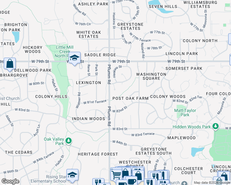 map of restaurants, bars, coffee shops, grocery stores, and more near 13419 West 80th Terrace in Lenexa