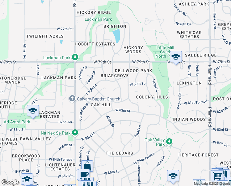 map of restaurants, bars, coffee shops, grocery stores, and more near 8024 Alden Street in Lenexa