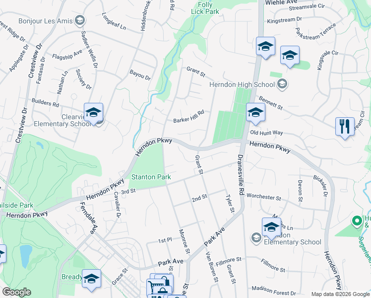 map of restaurants, bars, coffee shops, grocery stores, and more near 868 Moffett Forge Road in Herndon