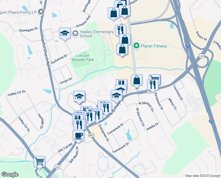 map of restaurants, bars, coffee shops, grocery stores, and more near 8250 U.S. 42 in Florence