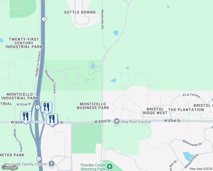 map of restaurants, bars, coffee shops, grocery stores, and more near 8045 Monticello Road in Shawnee
