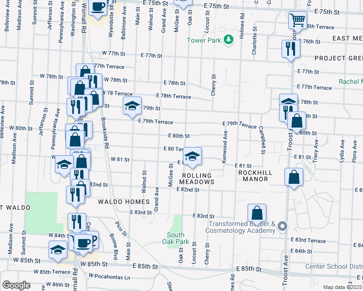 map of restaurants, bars, coffee shops, grocery stores, and more near 8024 Oak Street in Kansas City
