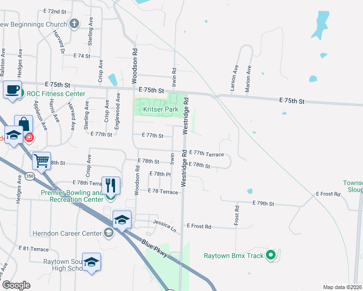 map of restaurants, bars, coffee shops, grocery stores, and more near 7712 Westridge Road in Raytown