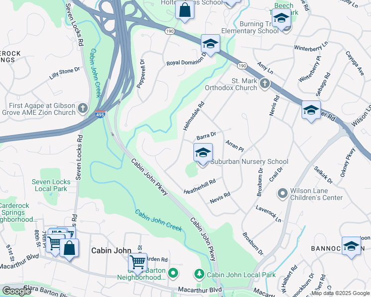map of restaurants, bars, coffee shops, grocery stores, and more near 7205 Helmsdale Road in Bethesda