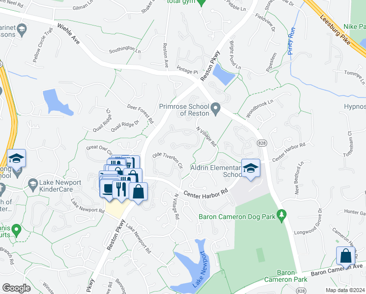 map of restaurants, bars, coffee shops, grocery stores, and more near 1330 Park Garden Lane in Reston